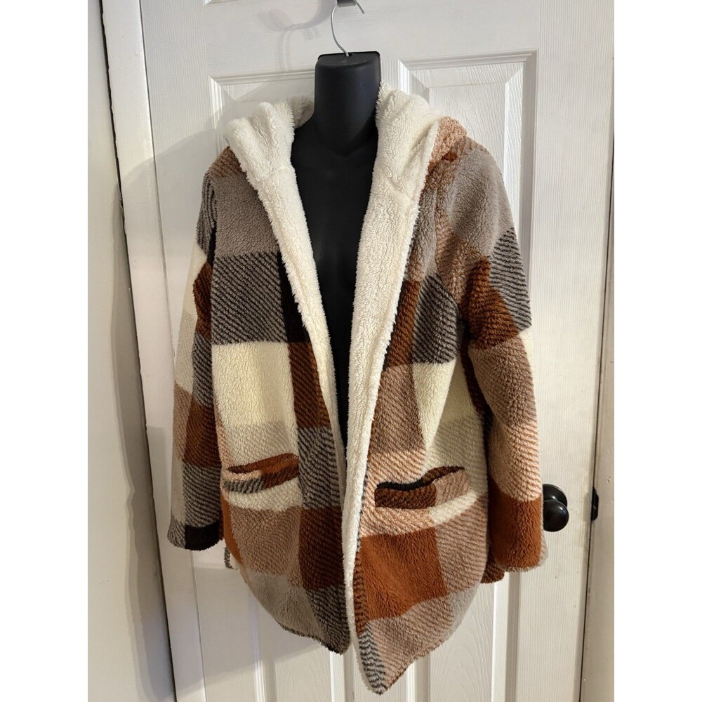 ME JANE Women' Size Medium Fleece  Sherpa Jacket Cardigan Hooded Cozy Fall Plaid